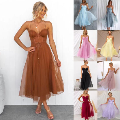 Sleeveless Mesh Midi Dress Elegant Party Wear
