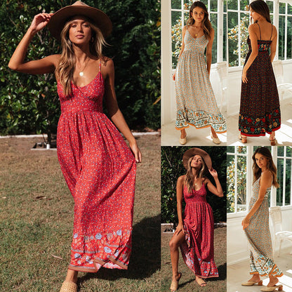 Summer New Swing Skirt Women'S Bohemian V-Neck Suspenders Floral Dress