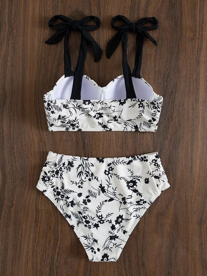 Lace Up Printing Split Bikini Swimwear Hard Cup With Steel Support High Waist Sexy Bikini Split Swimwear