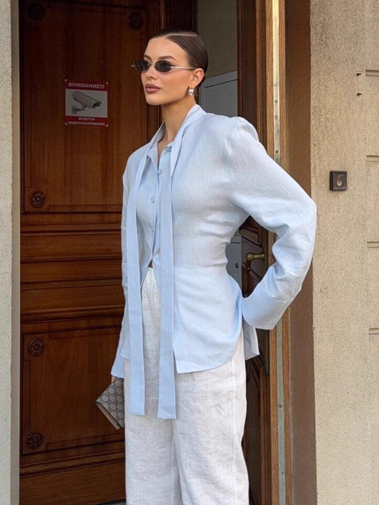 Crossover Tie Front Shirt Women Solid Cotton Long Sleeve Cardigan