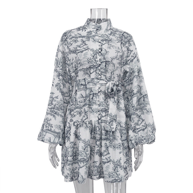 New Ink Landscape Print Short A-Line Dress With Puff Sleeves