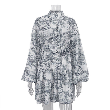 New Ink Landscape Print Short A-Line Dress With Puff Sleeves