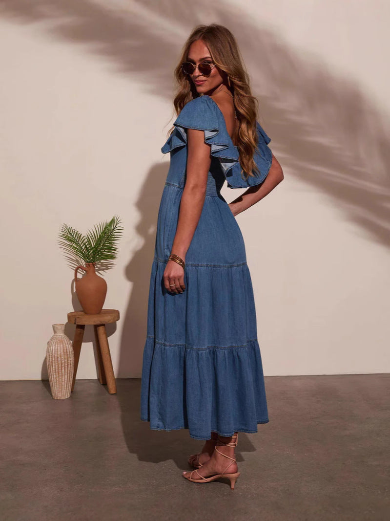 Casual Flounce Sleeve Denim Dress