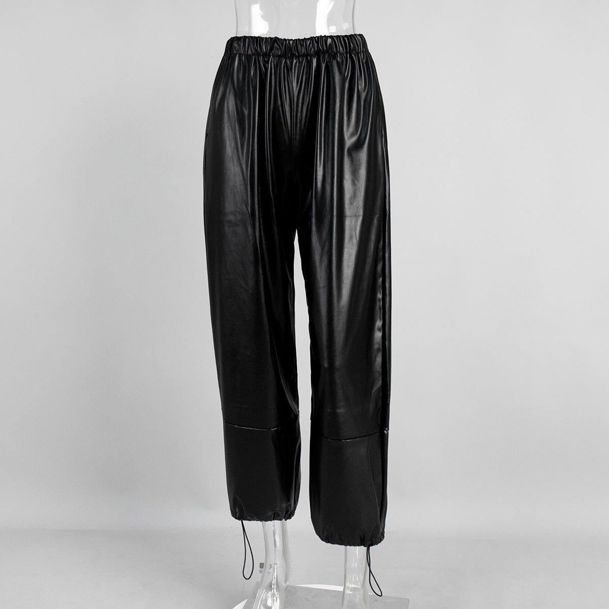 Wide Leg PU Leather Pants with Drawstring for Women
