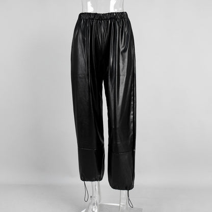Wide Leg PU Leather Pants with Drawstring for Women