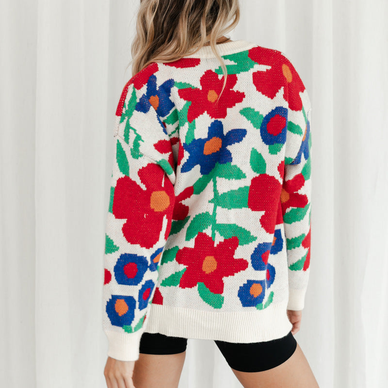 Autumn And Winter New Large Flower Embroidery Round Neck Loose Long-Sleeved Knitted Sweater Pullover Women'S