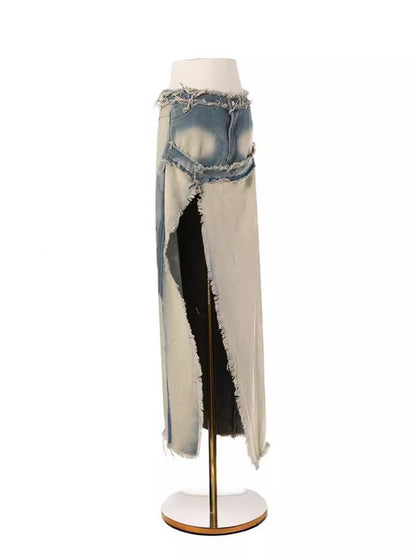 Distressed Wash Denim Split Midi Skirt Trendy Street Style