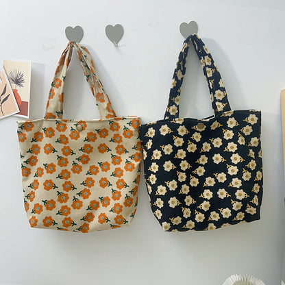Retro Floral Corduroy Tote Bag Stylish Soft Handbag