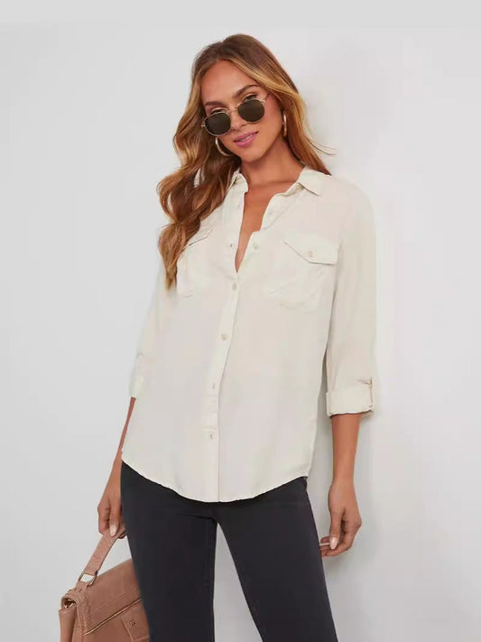 Casual Long Sleeve Denim Shirt With Polo Collar