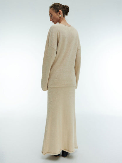 Cozy Knit V-Neck Sweater And Maxi Skirt Set