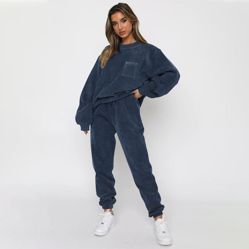 Solid Color Corduroy Casual Pullover Set