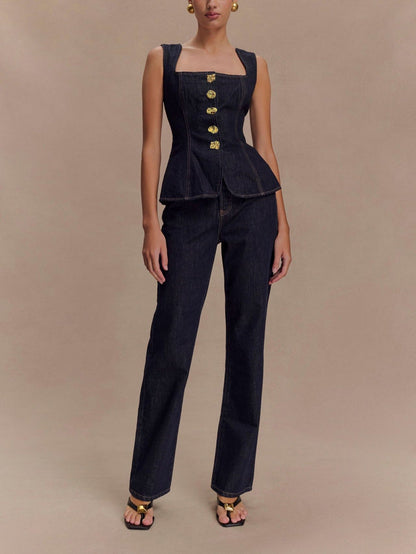 Modern Flavored Button High-Waist Denim Top and Pants Set