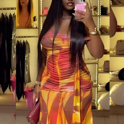 Casual Abstract Print Tube Maxi Dress
