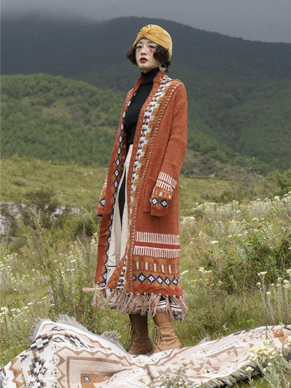 Bohemian Fringed Cardigan Ethnic Style Mid-Length Sweater Loose Knitted Coat