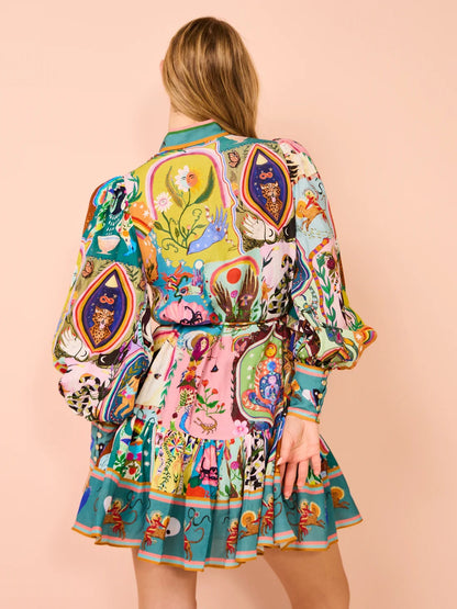 Fashionable Printed Linen Cardigan Dress with A-Line Silhouette