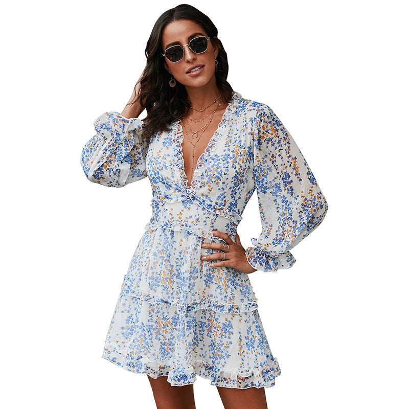 Dress Open Back Chiffon Waist Sexy High Waist Long Sleeve Floral Skirt Women