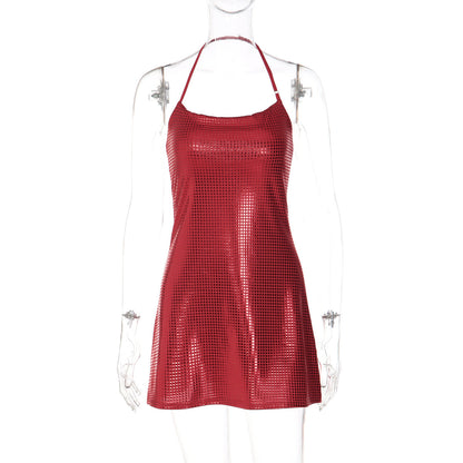 Halter Neck Short Dress with Reflective Design for Night Out