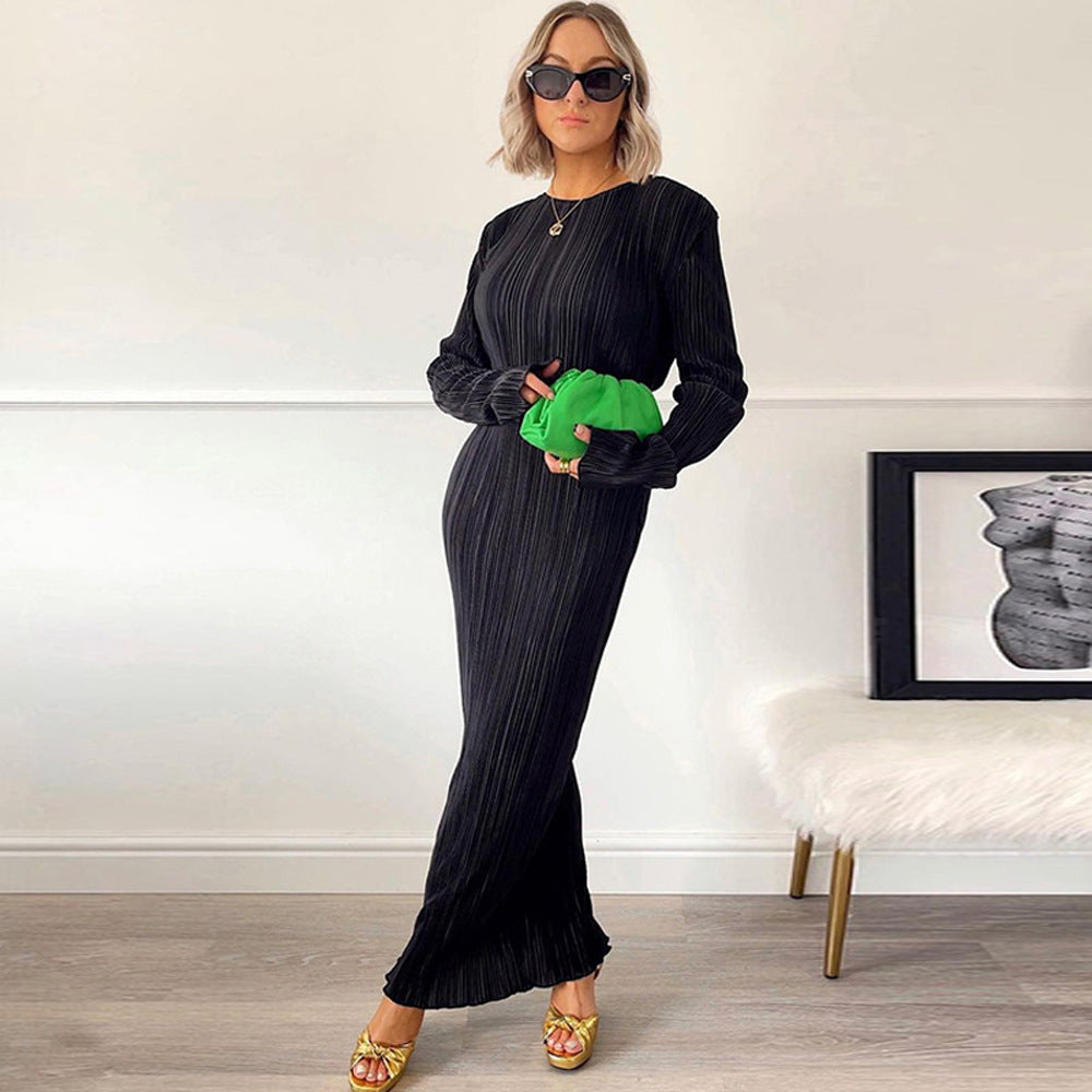 Women'S Fashion Casual Solid Color Round Neck Long Sleeves Slim Pleated Long Skirt Pressed Pleated Dress