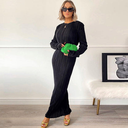 Women'S Fashion Casual Solid Color Round Neck Long Sleeves Slim Pleated Long Skirt Pressed Pleated Dress