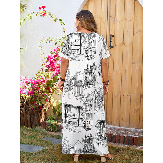 Chic Floral Maxi Dress Plus Size Short Sleeve Dress