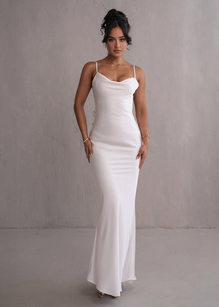 Satin Evening Gown With Cowl Neck And Floral Appliqué