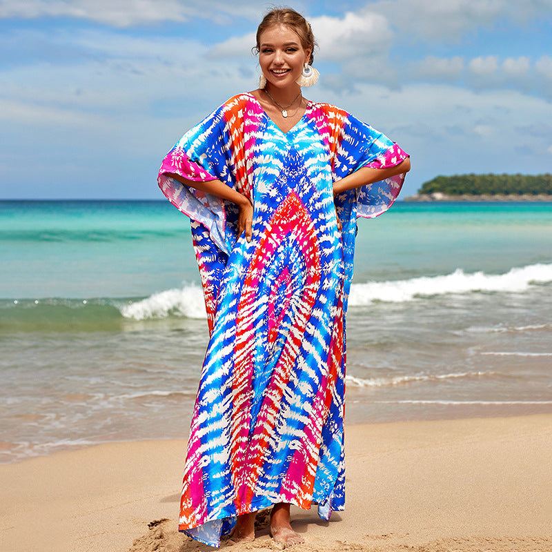 Printed Beach Skirt Loose Robe Seaside Holiday Bikini Swimsuit Smock Sunscreen Blouse Women