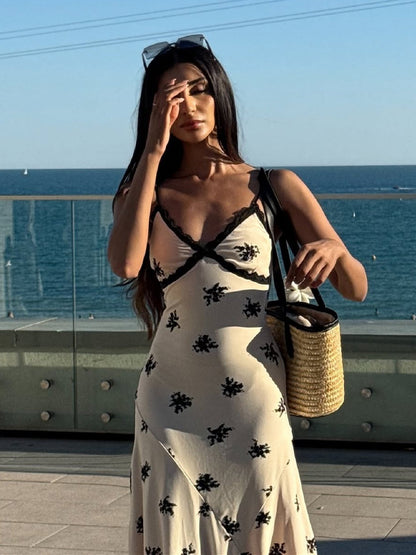 French Lace Trim V-Neck Sleeveless Maxi Dress