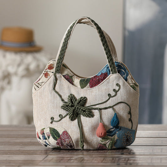 Ethnic Style Hand-Woven Canvas Bag Multi-Compartment Handbag Casual Style Multi-Compartment Handbag Zipper Women'S Cloth Bag