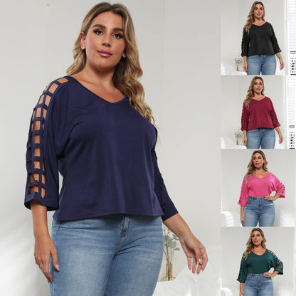 V-Neck Hollow Out Batwing Sleeve Plus Size Top