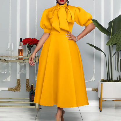 Elegant Solid Color Midi Dress With Bow Detail