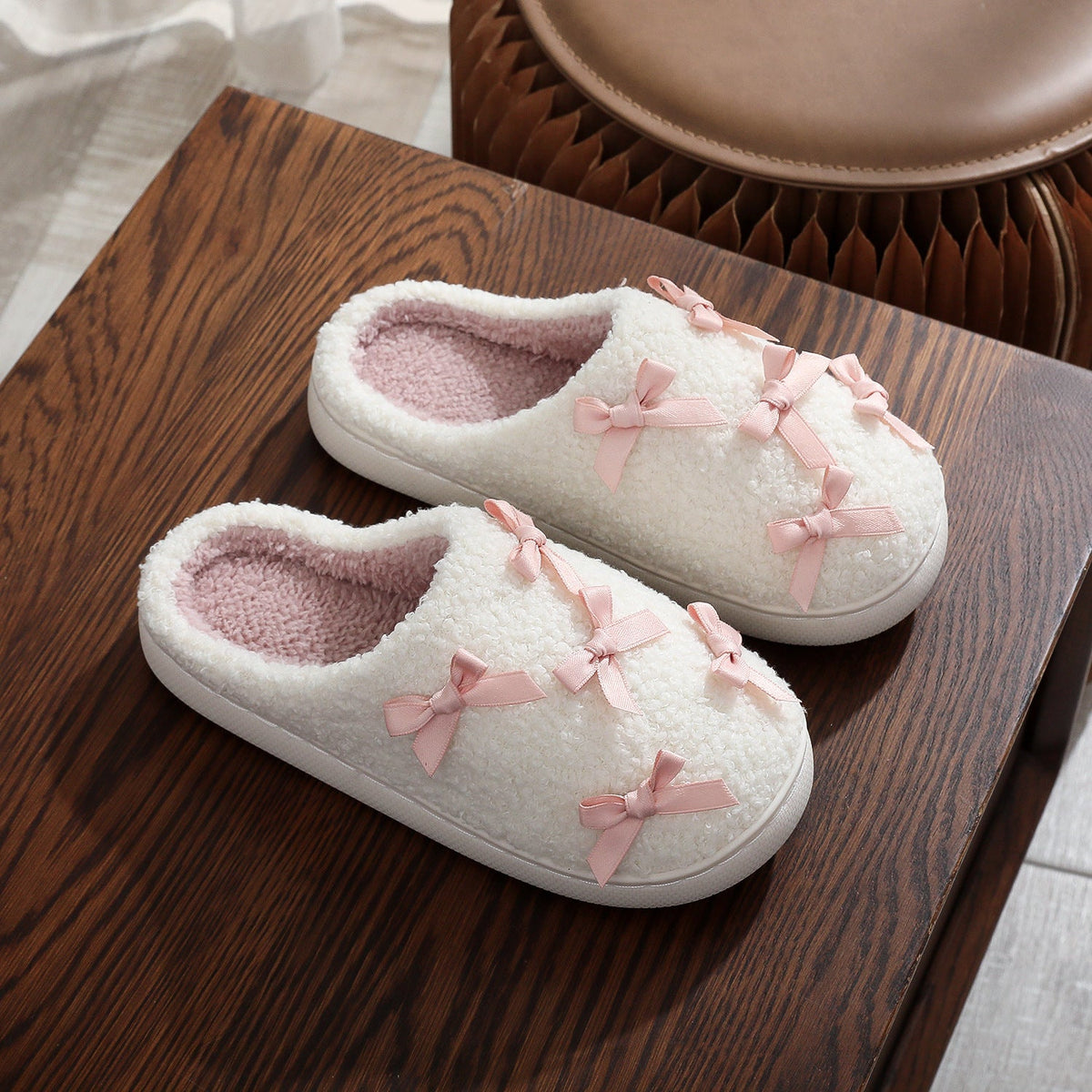 Bow Knot Plush Warm Winter Indoor Slippers