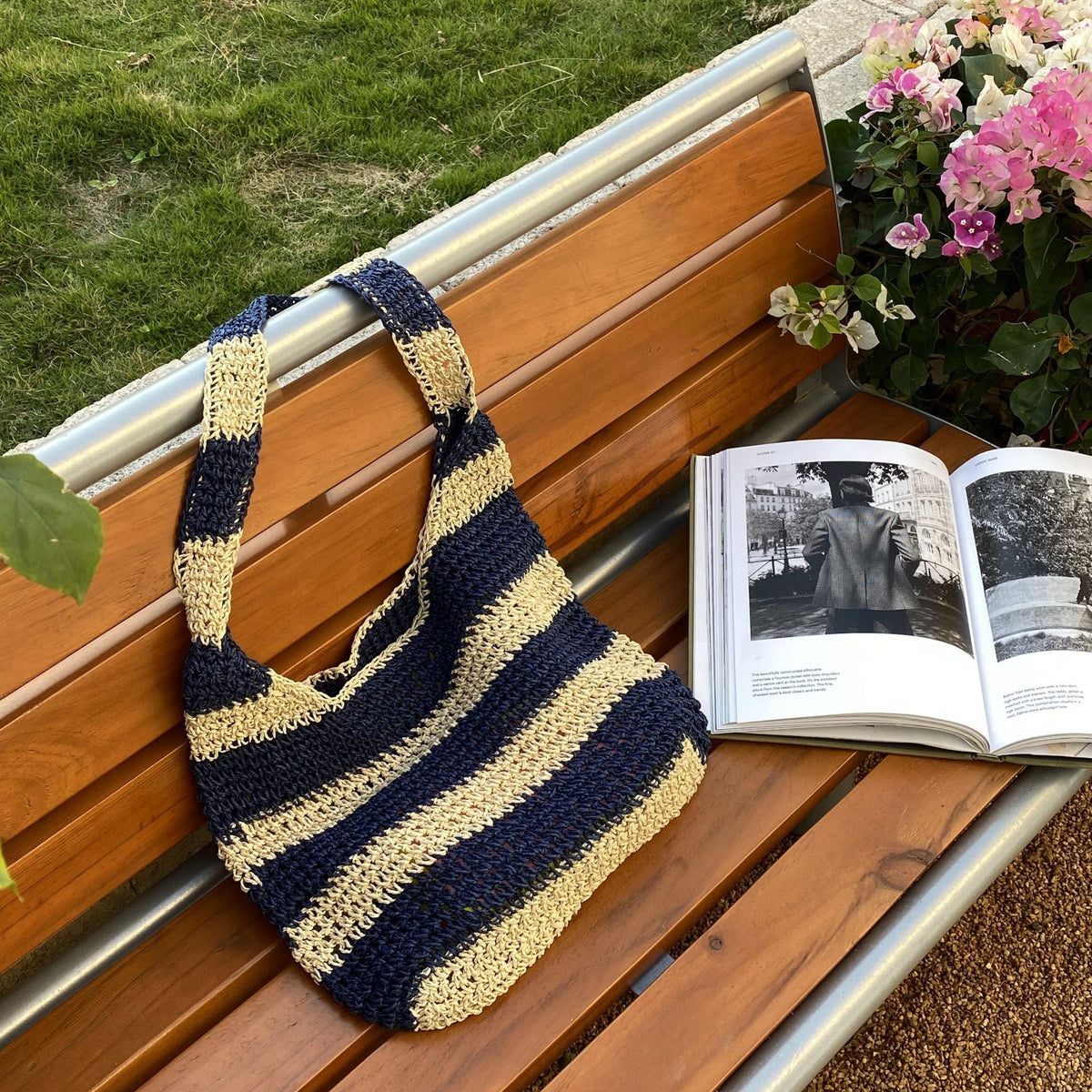 Striped Woven Straw Tote Bag Handcrafted for Beach