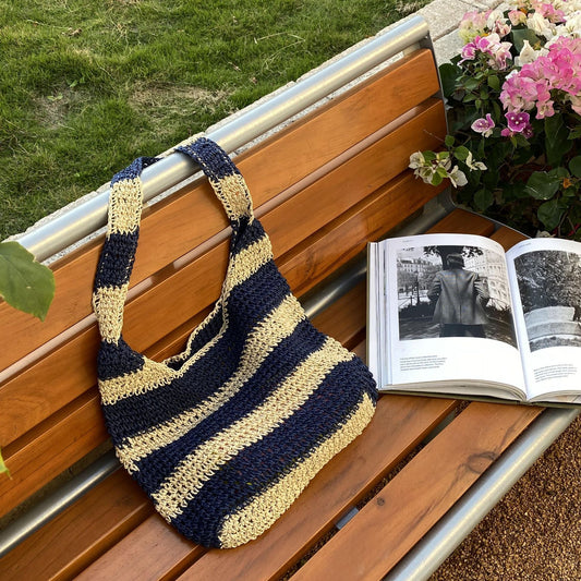 Striped Woven Straw Tote Bag Handcrafted for Beach