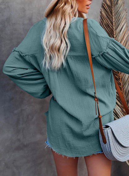 Solid Color Mosaic Lantern Sleeve Button V-Neck Casual Shirt Woman