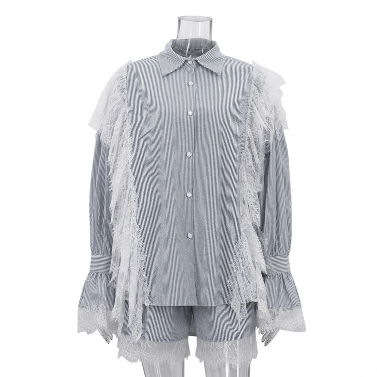 Casual Lace Collar Bell Sleeve Two-Piece Set