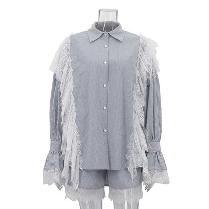 Casual Lace Collar Bell Sleeve Two-Piece Set