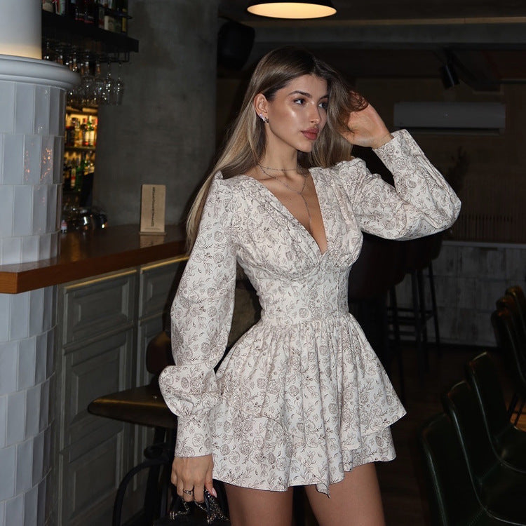 French Vintage Elegant Printed V-Neck Long Sleeve Dress