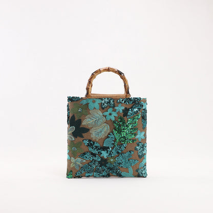 Embroidered Sequin Bamboo Tote Bag Stylish Evening Handbag