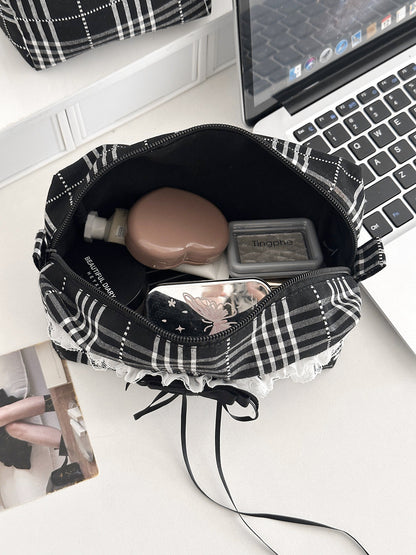 Black And White Plaid Storage Bag Stylish Lace Edges Makeup Organizer