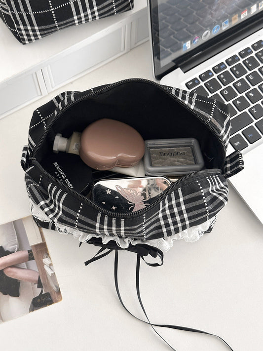 Black And White Plaid Storage Bag Stylish Lace Edges Makeup Organizer