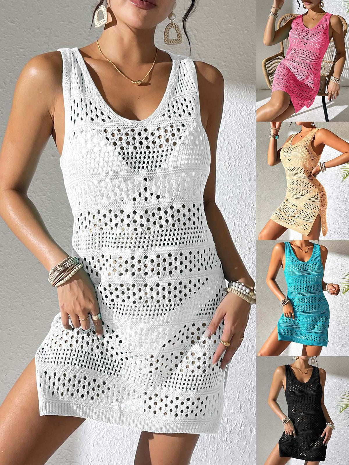 Women鈥檚 Hollow Knitted Beach Vest Dress Casual Cover-Up