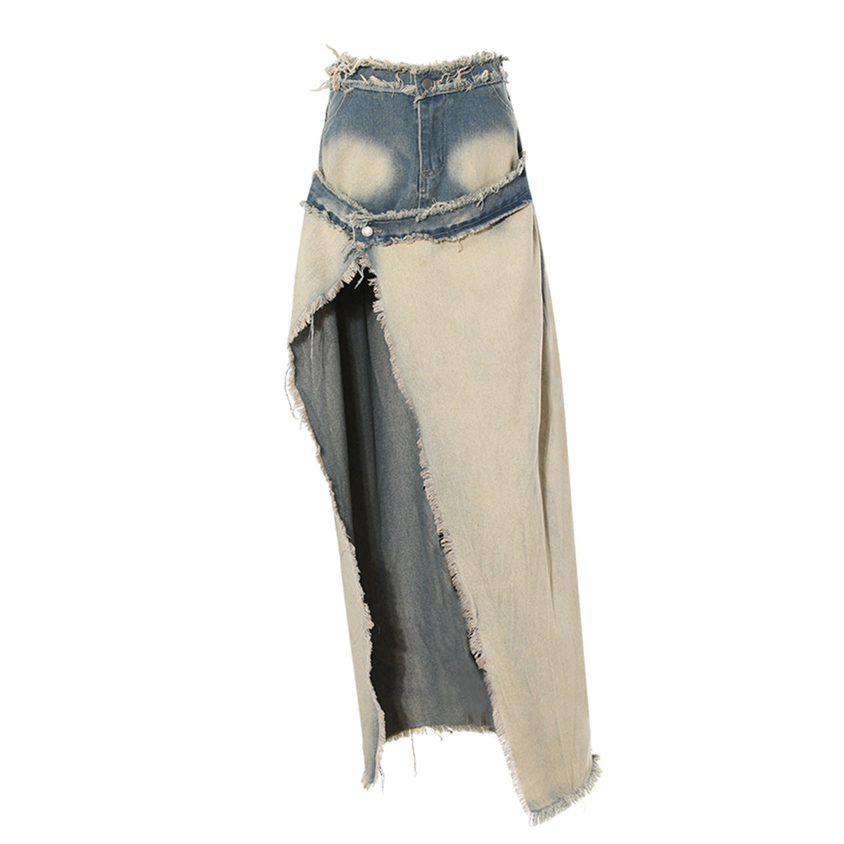 Distressed Wash Denim Split Midi Skirt Trendy Street Style