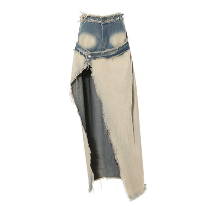 Distressed Wash Denim Split Midi Skirt Trendy Street Style