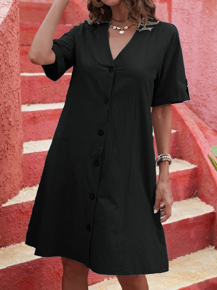 Women'S Dress Washed Cotton Short-Sleeved Medium And Long Single-Breasted V-Neck Loose Solid Color A-Shaped Dress