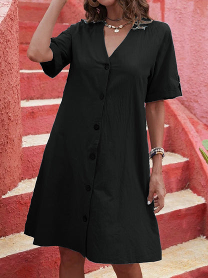 Women'S Dress Washed Cotton Short-Sleeved Medium And Long Single-Breasted V-Neck Loose Solid Color A-Shaped Dress