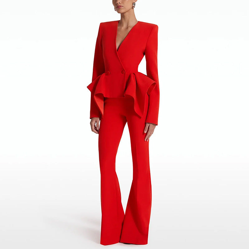 Ruffled Design Slim Fit Jacket And Palazzo Pants Set