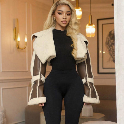Trendy Cropped Pu Leather Jacket With Faux Fur Collar