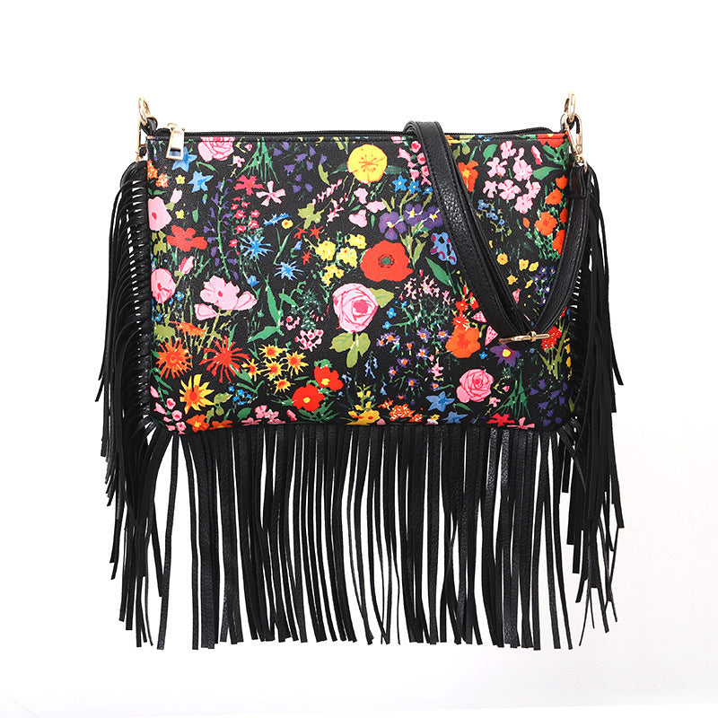 Fashionable And Personalized Printed Tassel Bag, One Shoulder Crossbody Bag, Rose Large Bag, Women'S Bag