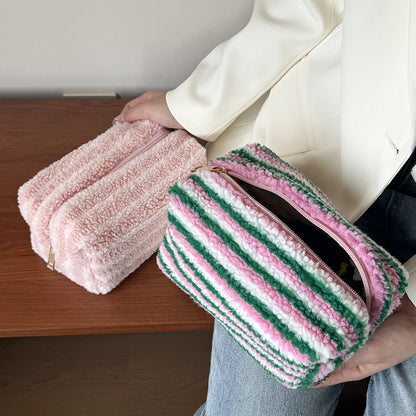 Color Contrast Stripe Plush Makeup Bag