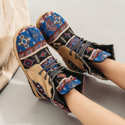 High-Top Linen Cloth Shoes Embroidered Lace-Up Flanging Color Matching Shoes National Wind Cotton And Linen Booties